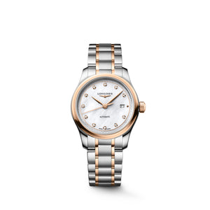 LONGINES 浪琴 MASTER 巨擘系列18k玫瑰金不銹鋼珍珠母貝真鑽自動機械腕錶 30mm L2.449.5.89.7 (L24495897) 