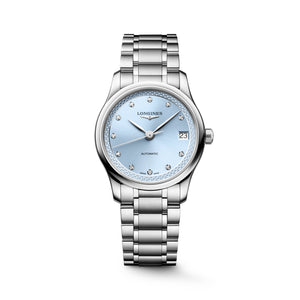 LONGINES 浪琴 MASTER 巨擘系列霜藍色真鑽自動機械腕錶 34mm L2.450.4.97.6 (L24504976) 