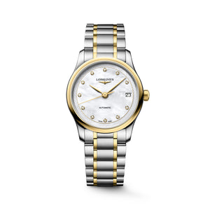 LONGINES 浪琴 MASTER 巨擘系列18k黃金不銹鋼珍珠母貝真鑽自動機械腕錶 34mm L2.450.5.87.7 (L24505877)