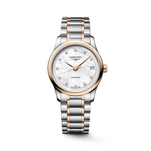 LONGINES 浪琴 MASTER 巨擘系列18k玫瑰金不銹鋼珍珠母貝真鑽自動機械腕錶 34mm L2.450.5.89.7 (L24505897) 