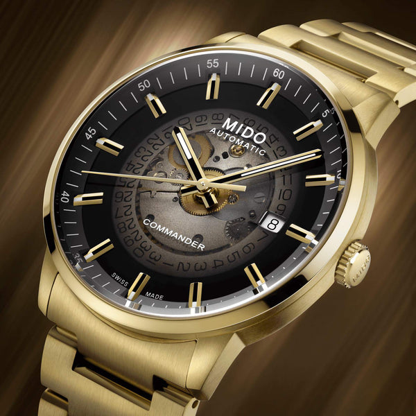 MIDO 美度 Commander 香榭系列 Gradient 漸層煙燻面盤黃色PVD機械腕錶 40mm M0214073341101