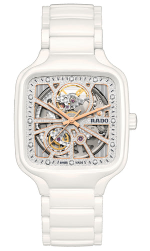 RADO 雷達錶 TRUE Square 真我方形系列白漾陶瓷鏤空自動機械腕錶 38mm R27073722
