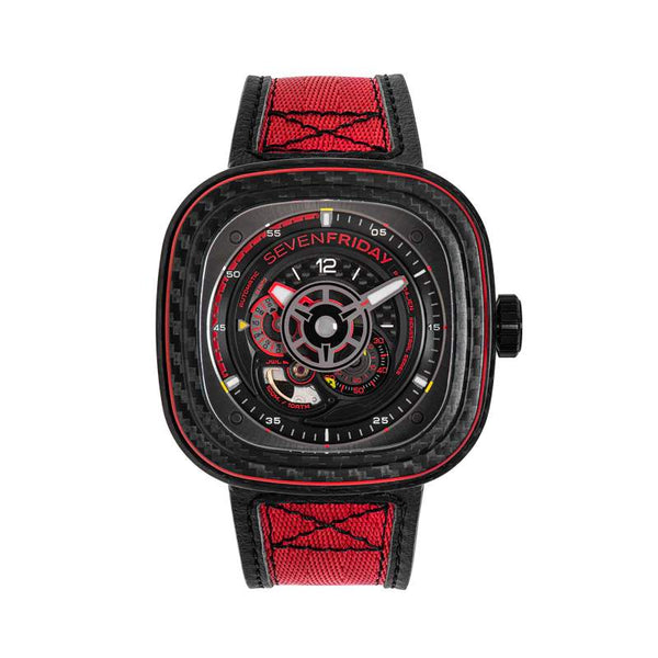 SEVENFRIDAY P系列 P3C/04 黑色碳纖維，紅色飾條上錶框 限時發行