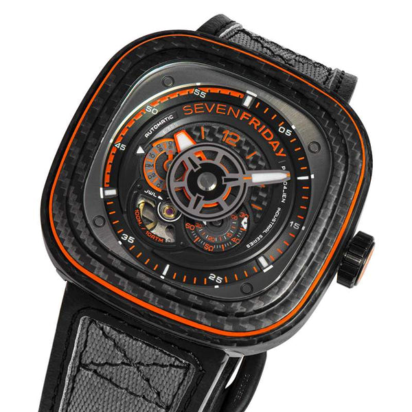 SEVENFRIDAY P系列 P3C/09 黑色碳纖維/橘色飾條上錶框 限時發行