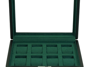 8格木製手錶收納盒 | 黑色啞光漆+綠色絨布內襯 | 鑰匙鎖設計 - 新萬國鐘錶