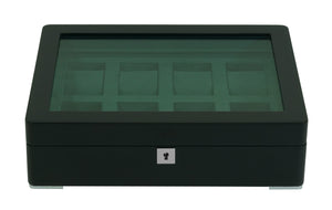 8格木製手錶收納盒 | 黑色啞光漆+綠色絨布內襯 | 鑰匙鎖設計