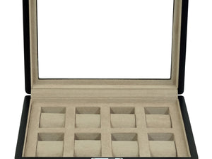 8格木製手錶收納盒 | 黑色亮漆+駝色絨布內襯 | 鑰匙鎖設計 - 新萬國鐘錶