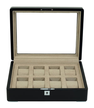 8格木製手錶收納盒 | 黑色亮漆+駝色絨布內襯 | 鑰匙鎖設計