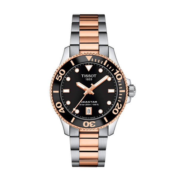 TISSOT 天梭 SEASTAR 1000 海星系列金色PVD300米玫瑰潛水石英錶 36mm T1202102205101