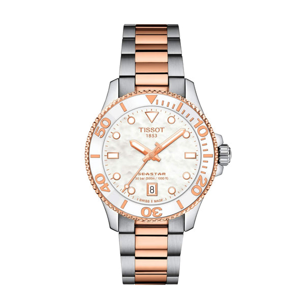TISSOT 天梭 SEASTAR 1000 海星系列金色PVD300米玫瑰潛水石英錶 36mm T1202102211100