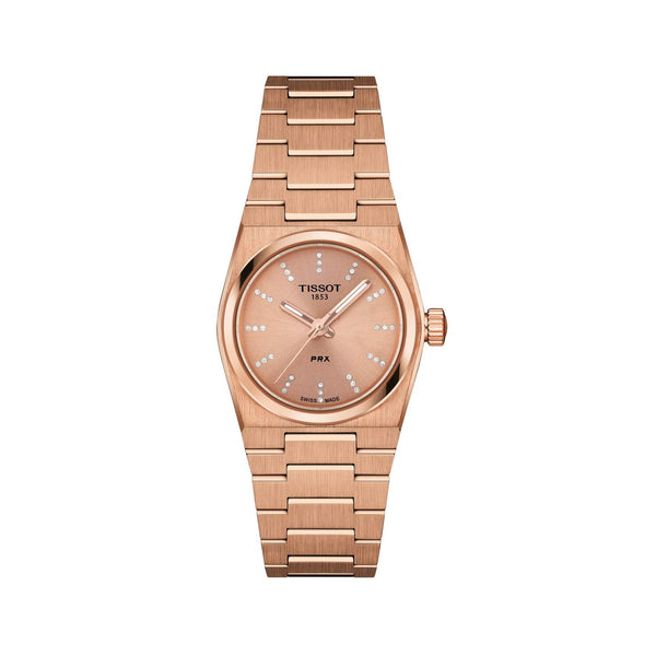 TISSOT 天梭 PRX 系列復古時尚PVD玫瑰金色真鑽石英腕錶 25mm T1370103350600