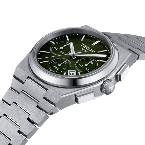 TISSOT 天梭 PRX 系列自動款綠面熊貓三眼機械計時碼錶 42mm T1374271109100