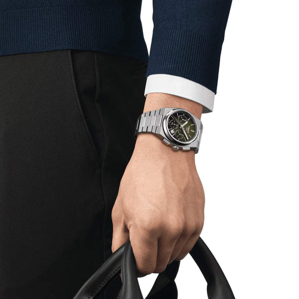 TISSOT 天梭 PRX 系列自動款綠面熊貓三眼機械計時碼錶 42mm T1374271109100
