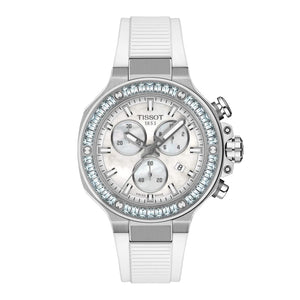 TISSOT 天梭 T-Race 競速運動系列三眼計時碼珍珠貝母石英錶 38mm T1418179711100