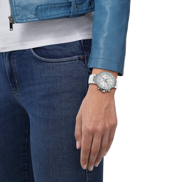 TISSOT 天梭 T-Race 競速運動系列三眼計時碼珍珠貝母石英錶 38mm T1418179711100