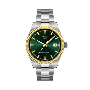 TISSOT 天梭 Gentleman 紳士系列18K金錶圈綠面80小時自動機械錶 38mm T934.807.41.091.00