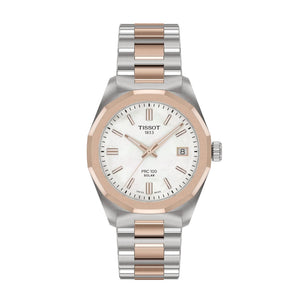 TISSOT 天梭 PRC 100 Solar 太陽能石英時尚玫瑰金PVD珍珠母貝經典腕錶 34mm T1518222211100
