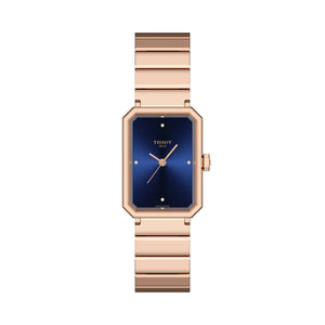 TISSOT 天梭 SRV系列方形時尚玫瑰金PVD藍色真鑽石英女士腕錶 30x22mm T1601103304600 - 新萬國鐘錶