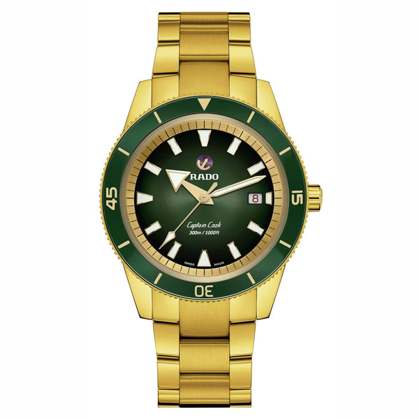 RADO 雷達錶 Captain Cook 庫克船長300米PVD黃金綠面陶瓷潛水腕錶 42mm R32136323