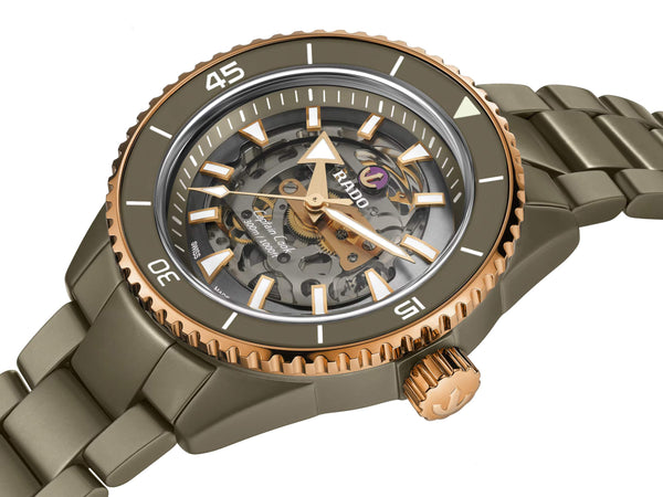 RADO 雷達錶 Captain Cook 庫克船長高科技橄欖綠陶瓷鏤空潛水腕錶 43mm R32150162