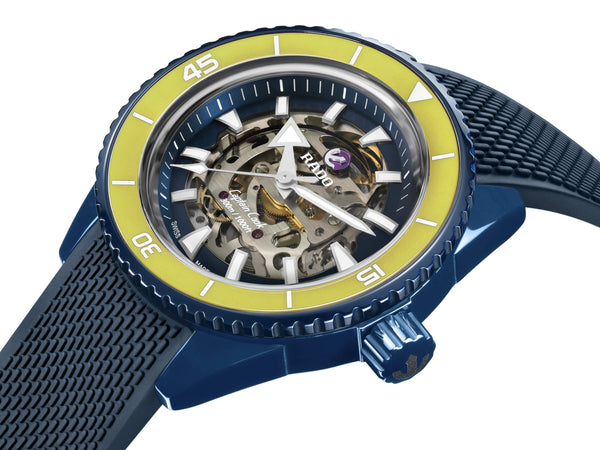 RADO 雷達錶 Captain Cook 庫克船長高科技海軍藍陶瓷黃色外圈鏤空潛水限量版腕錶 43mm R32152208