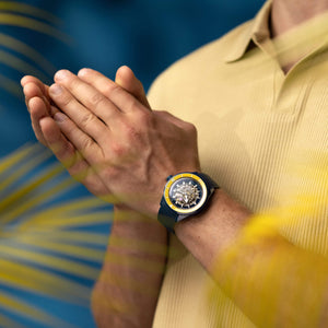 RADO 雷達錶 Captain Cook 庫克船長高科技海軍藍陶瓷黃色外圈鏤空潛水限量版腕錶 43mm R32152208