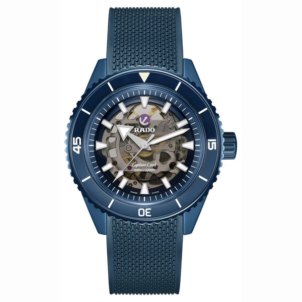 RADO 雷達錶 Captain Cook 庫克船長高科技海軍藍陶瓷鏤空潛水腕錶 43mm R32153209