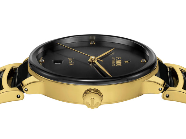 RADO 雷達錶 Centrix 晶萃系列鑲鑽PVD黃色金陶瓷機械腕錶 39.5 mm R30008712