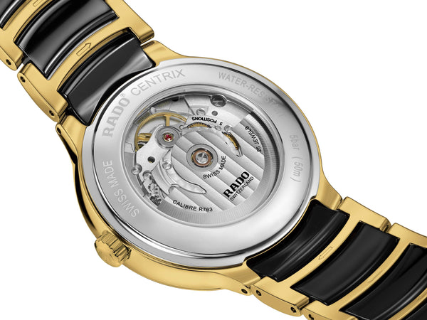 RADO 雷達錶 Centrix 晶萃系列鑲鑽PVD黃色金陶瓷機械腕錶 39.5 mm R30008742
