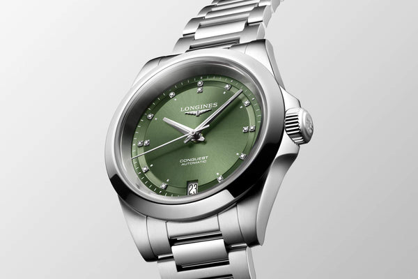 LONGINES 浪琴 Conquest 征服者系列綠色鑽面優雅時尚運動腕錶 34mm L34304076