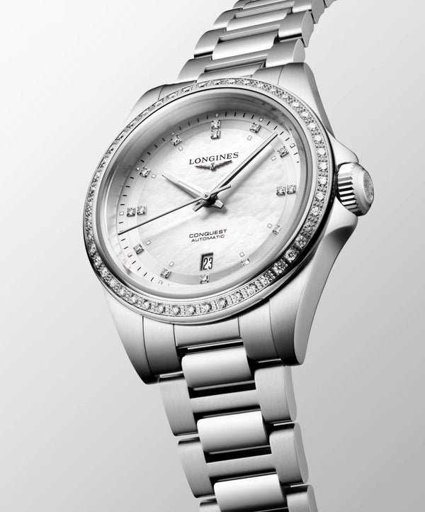 LONGINES 浪琴 Conquest 征服者系列鑽圈珍珠母貝鑽面優雅時尚運動腕錶 30mm L33200876