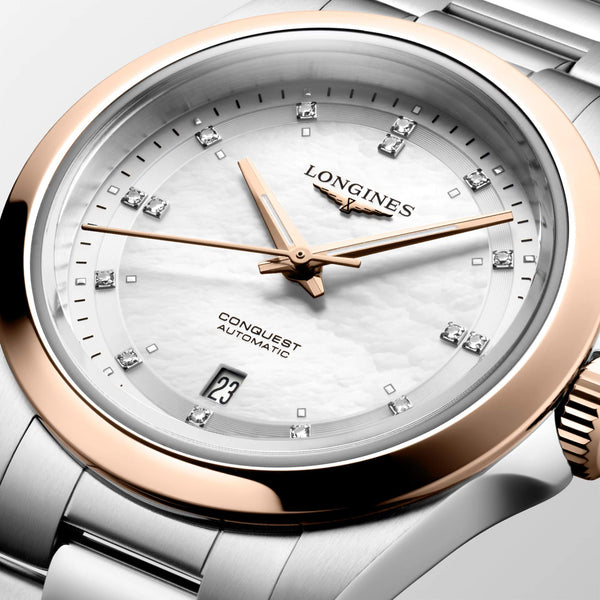 LONGINES 浪琴 Conquest 征服者系列不鏽鋼及18K玫瑰金珍珠母貝鑽面優雅時尚運動腕錶 30mm L33205876