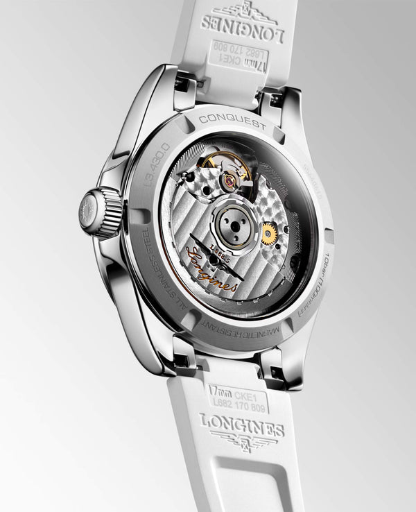 LONGINES 浪琴 Conquest 征服者系列珍珠母貝鑲鑽優雅時尚運動腕錶 34mm L34300879