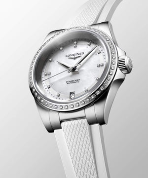 LONGINES 浪琴 Conquest 征服者系列珍珠母貝鑲鑽優雅時尚運動腕錶 34mm L34300879