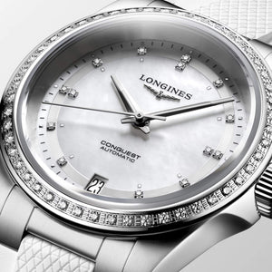 LONGINES 浪琴 Conquest 征服者系列珍珠母貝鑲鑽優雅時尚運動腕錶 34mm L34300879