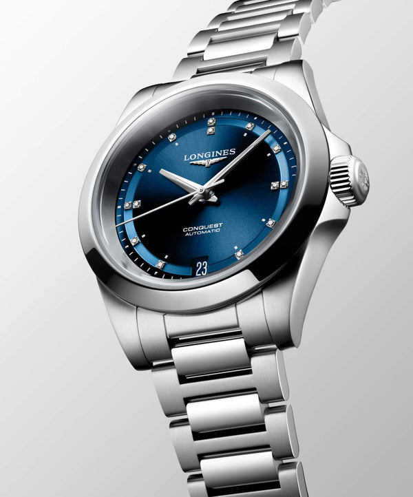 LONGINES 浪琴 Conquest 征服者系列藍色鑽面優雅時尚運動腕錶 34mm L34304976