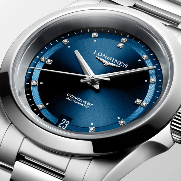 LONGINES 浪琴 Conquest 征服者系列藍色鑽面優雅時尚運動腕錶 34mm L34304976