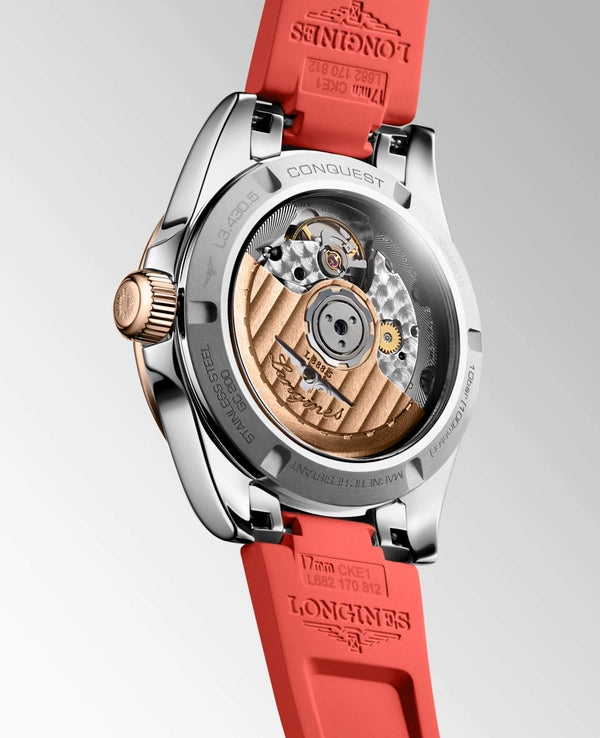 LONGINES 浪琴 Conquest 征服者系列不鏽鋼及18k玫瑰金優雅時尚運動腕錶 34mm L34305729