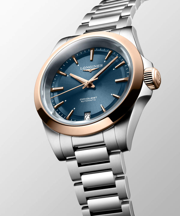 LONGINES 浪琴 Conquest 征服者系列不鏽鋼及18k玫瑰金優雅時尚運動腕錶 34mm L34305926