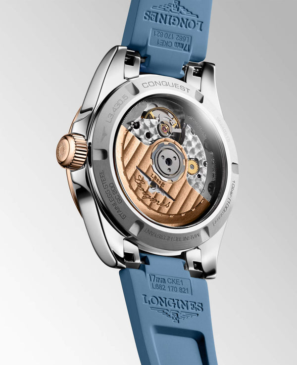 LONGINES 浪琴 Conquest 征服者系列不鏽鋼及18k玫瑰金優雅時尚運動腕錶 34mm L34305929
