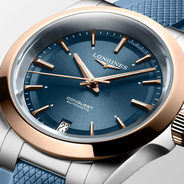 LONGINES 浪琴 Conquest 征服者系列不鏽鋼及18k玫瑰金優雅時尚運動腕錶 34mm L34305929