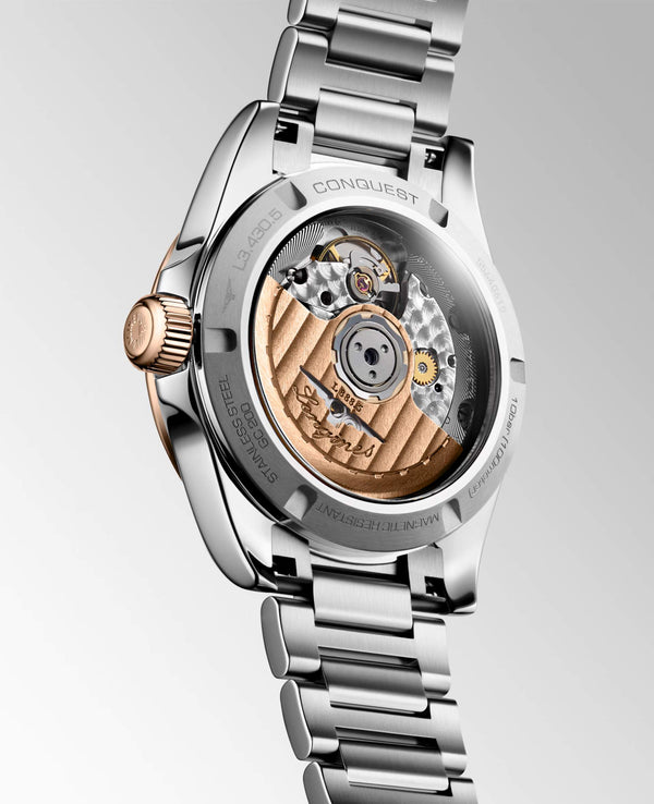 LONGINES 浪琴 Conquest 征服者系列不鏽鋼及18k玫瑰金優雅時尚運動腕錶 34mm L34305986