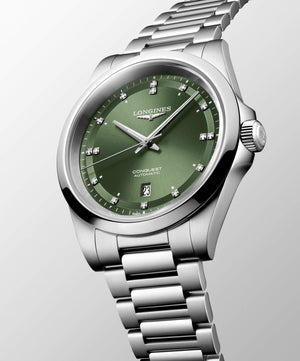 LONGINES 浪琴 Conquest 征服者系列綠色鑽面優雅時尚運動腕錶 41mm L38304076