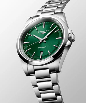LONGINES 浪琴 Conquest 征服者系列綠色面盤優雅時尚運動石英腕錶 41mm L38604096