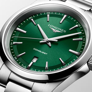 LONGINES 浪琴 Conquest 征服者系列綠色面盤優雅時尚運動石英腕錶 41mm L38604096