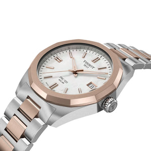 TISSOT 天梭 PRC 100 Solar 太陽能石英時尚玫瑰金PVD珍珠母貝經典腕錶 34mm T1518222211100