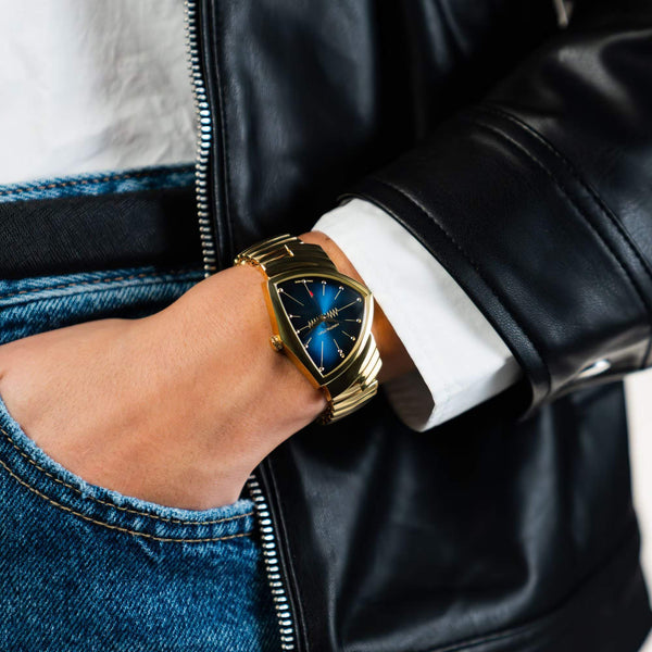 Hamilton 漢米爾頓 Ventura 探險系列時尚貓王 Blue 石英黃金PVD腕錶 H24301141