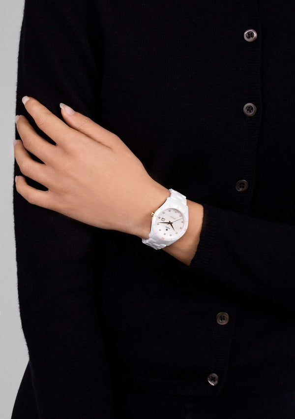 RADO 雷達錶 HyperChrome 皓星系列珍珠母貝真鑽自動機械錶白色陶瓷腕錶 36mm R32033902