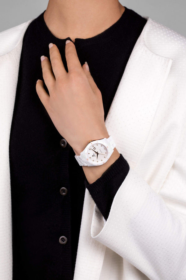 RADO 雷達錶 HyperChrome 皓星系列珍珠母貝真鑽自動機械錶白色陶瓷腕錶 36mm R32033902