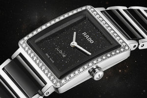 RADO 雷達錶 Integral精密陶瓷系列鑲鑽錶圈黑色砂金石錶盤方形石英腕錶 23mm R20249152 - 新萬國鐘錶